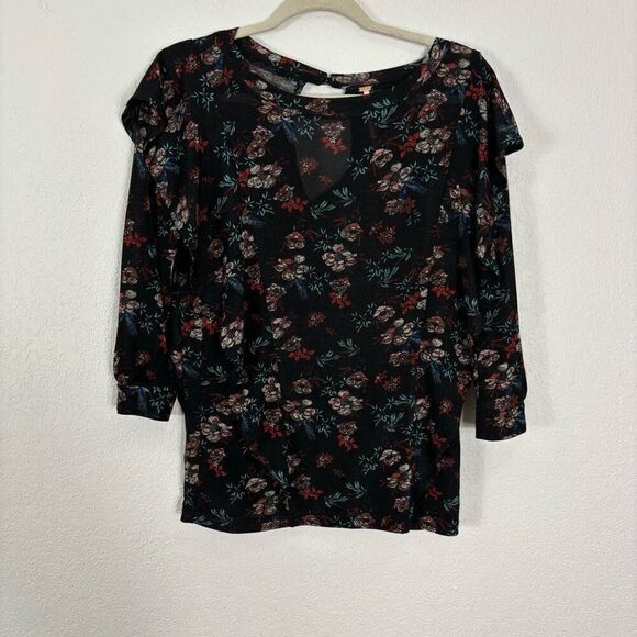 Free People Black with Pink & Red Vintage Floral Cap Sleeve 3/4 Length Sleeve To - Picture 1 of 6